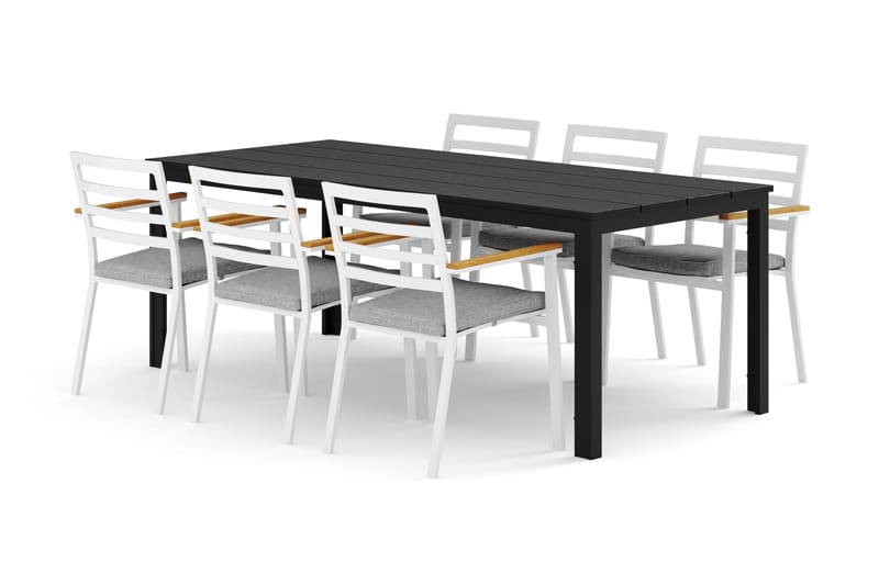 Tunis ulkoruokailuryhmä 205x90 cm, 6 Oliver-käsinojatuolia istuintyynyllä, Musta/Musta