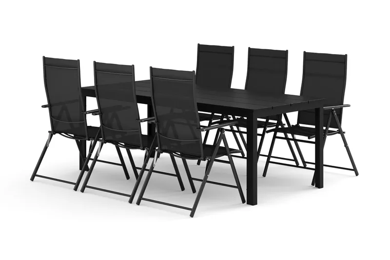 Tunis-ulkoruokailuryhmä 205x90 cm, 6 säätötuolia, Musta/musta