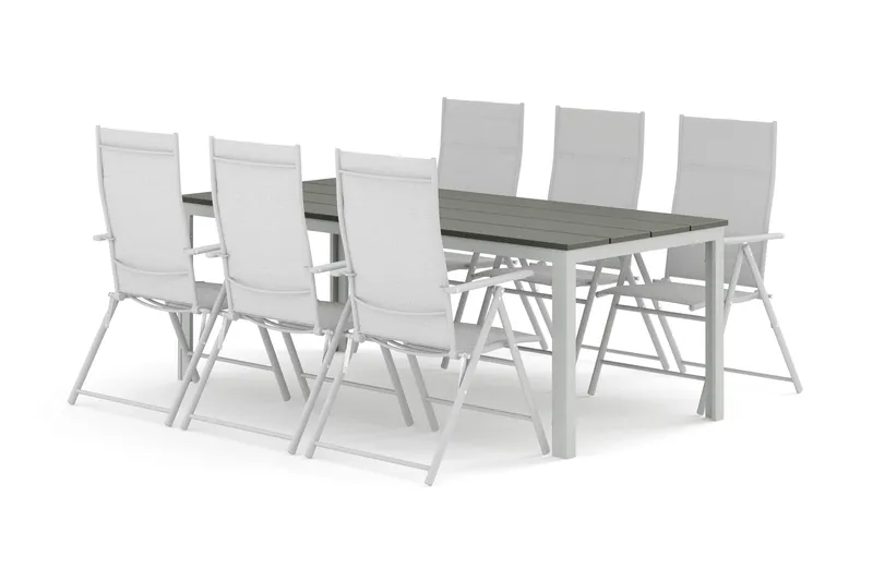 Tunis ulkoruokailuryhmä 205x90 cm, 6 säätötuolia, Valkoinen/Harmaa