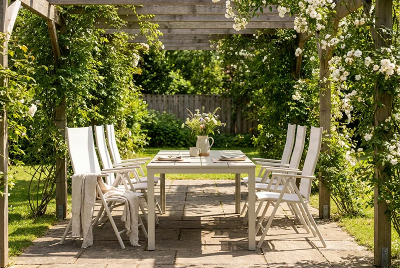 Tunis ulkoruokailuryhmä 205x90 cm, 6 Sanna-säätötuolia - Beige/beige - Puutarhakalusteet - Ulkoryhmä - Ruokailuryhmät ulos