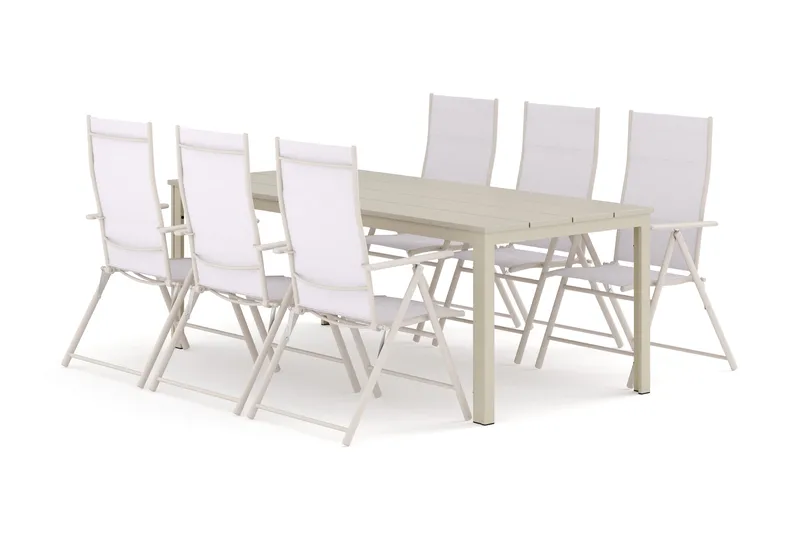 Tunis ulkoruokailuryhmä 205x90 cm, 6 Sanna-säätötuolia, Beige/beige