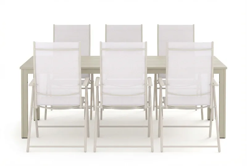 Tunis ulkoruokailuryhmä 205x90 cm, 6 Sanna-säätötuolia - Beige/beige - Puutarhakalusteet - Ulkoryhmä - Ruokailuryhmät ulos