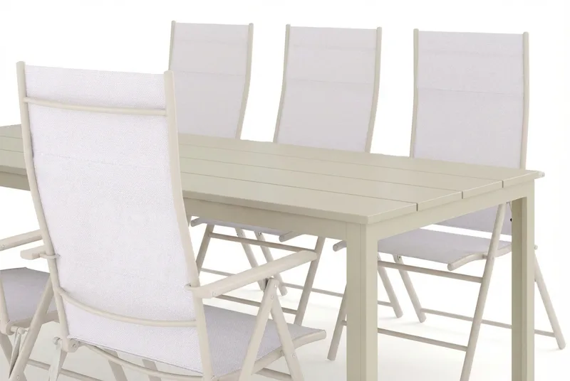 Tunis ulkoruokailuryhmä 205x90 cm, 6 Sanna-säätötuolia - Beige/beige - Puutarhakalusteet - Ulkoryhmä - Ruokailuryhmät ulos