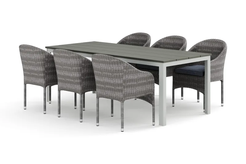 Tunis ulkoruokailuryhmä 205x90 cm, 6 Thor-nojatuolia - Valkoinen/Harmaa - Puutarhakalusteet - Ulkoryhmä - Ruokailuryhmät ulos