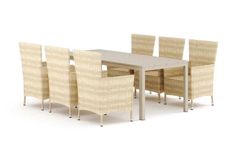 Tunis ulkoruokailuryhmä 205x90 cm, 6 Thor-ulkokäsinojatuolia - Beige/Beige - Puutarhakalusteet - Ulkoryhmä - Ruokailuryhmät ulos
