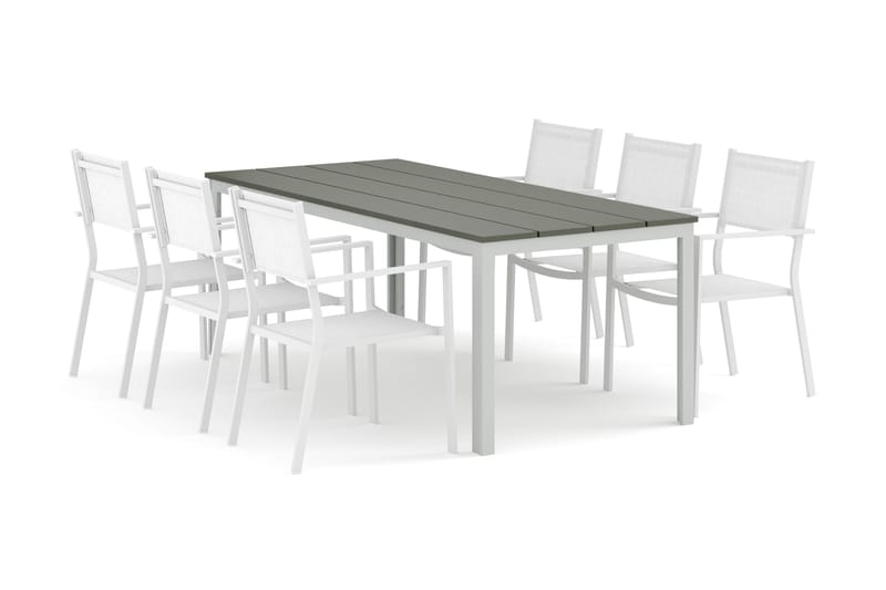 Tunis ulkoruokailuryhmä 205x90 cm, 6 Tunis-pinottavaa tuolia, Valkoinen/Harmaa