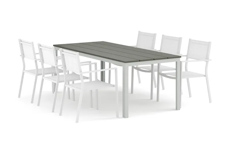 Tunis ulkoruokailuryhmä 205x90 cm, 6 Tunis-pinottavaa tuolia, Valkoinen/Harmaa