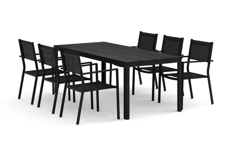 Tunis ulkoruokailuryhmä 205x90 cm, 6 Tunis-pinottavaa tuolia - Musta/Musta - Puutarhakalusteet - Ulkoryhmä - Ruokailuryhmät ulos