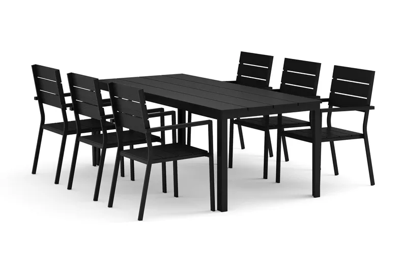 Tunis-ulkoruokailuryhmä 205x90 cm, 6 Tunis-pinottavaa tuolia, Musta/Musta