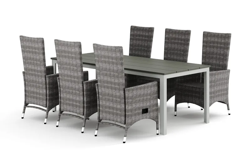 Tunis-ulkoruokailuryhmä 205x90 cm ja 6 Jenny-ruokatuolia, Valkoinen/Harmaa