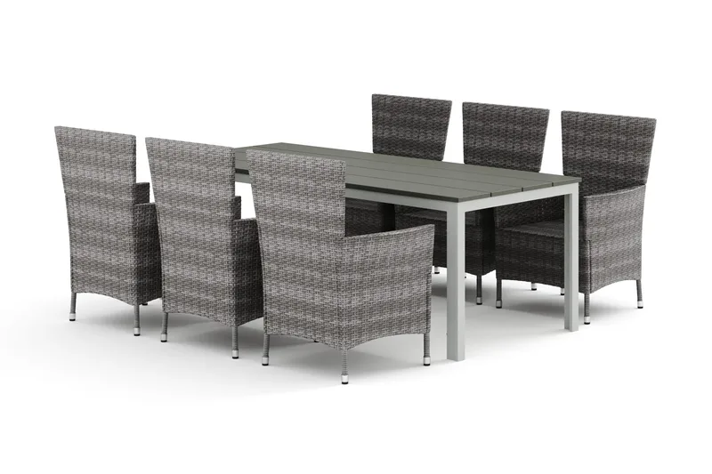 Tunis-ulkoruokailuryhmä 205x90 cm ja 6 Thor-ulkonojatuolia, Valkoinen/Harmaa