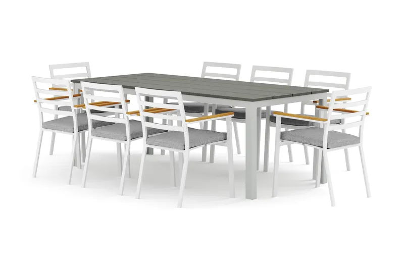 Tunis-ulkoruokailuryhmä 205x90 cm ja 8 Oliver-käsinojatuolia tyynyllä, Valkoinen/Harmaa