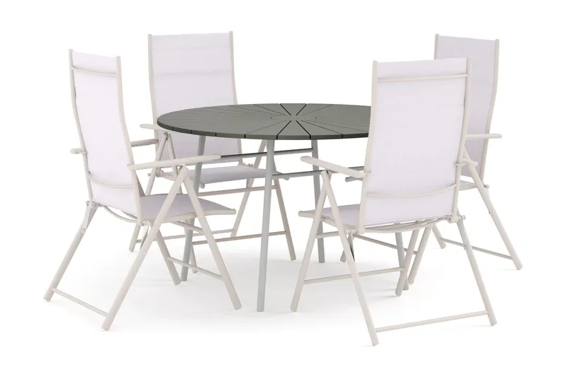 Tunis pyöreä ulkoruokailuryhmä 120 cm, 4 säätötuolia, Valkoinen/Harmaa