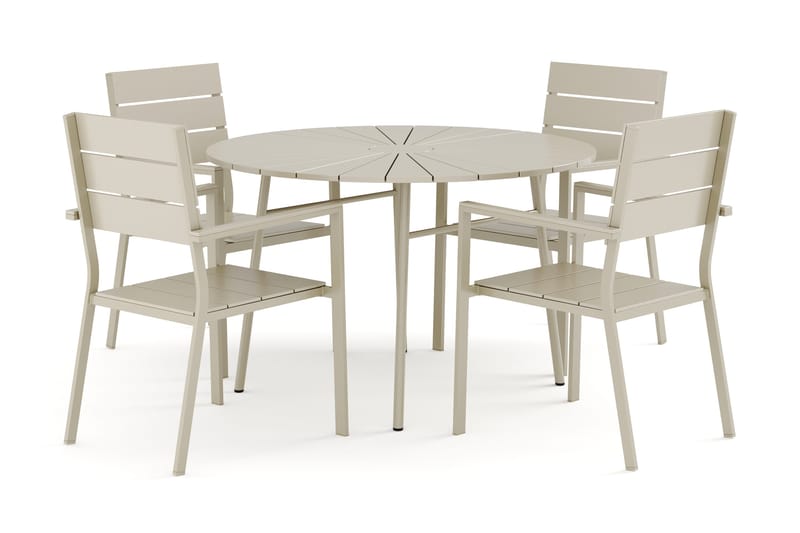 Tunis pyöreä ulkoruokailuryhmä 120 cm, 4 Tunis-pinottavaa tuolia, Beige/Beige