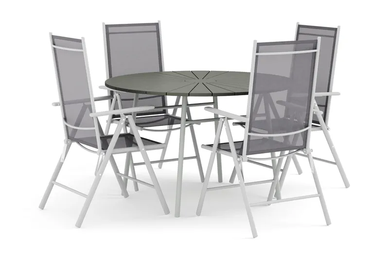 Tunis-pyöreä ulkoruokailuryhmä 120 cm, 4 Maggie-säätötuolia, Valkoinen/Harmaa