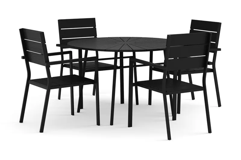Tunis-pyöreä ulkoruokailuryhmä 120 cm, 4 Tunis-pinotuolia, Musta/Musta