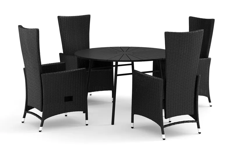 Tunis-pyöreä ulkoruokailuryhmä 120 cm, 4 Jenny-ruokatuolia, Musta/Musta