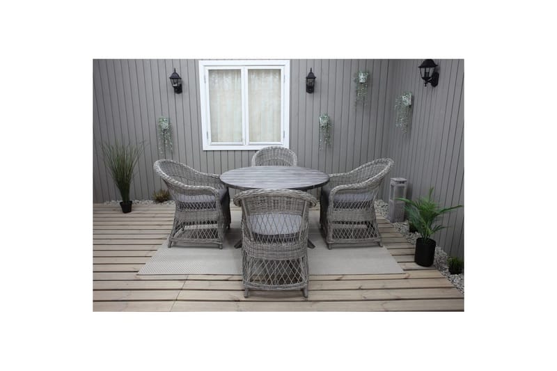 Ulkomöbeliryhmä Ø 112 cm pöytä & 4 Merida harmaat tuolit Harmaa - Harmaa - Puutarhakalusteet - Ulkoryhmä - Ruokailuryhmät ulos