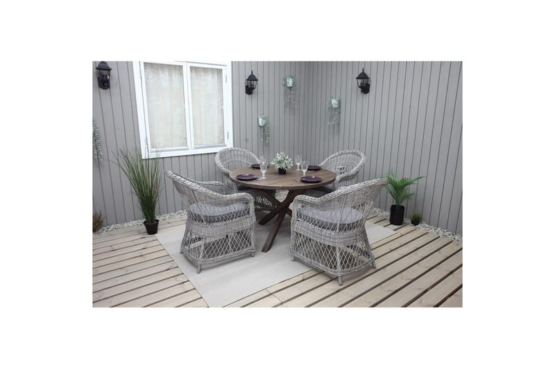 Ulkomöbeliryhmä Ø 112 cm pöytä & 4 Merida harmaat tuolit Ruskea - Ruskea - Puutarhakalusteet - Ulkoryhmä - Ruokailuryhmät ulos