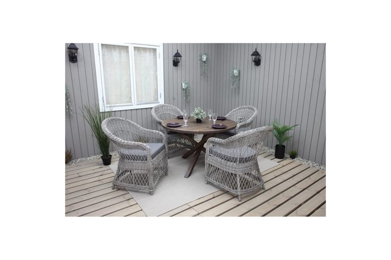Ulkomöbeliryhmä Ø 112 cm pöytä & 4 Merida harmaat tuolit Ruskea - Ruskea - Puutarhakalusteet - Ulkoryhmä - Ruokailuryhmät ulos