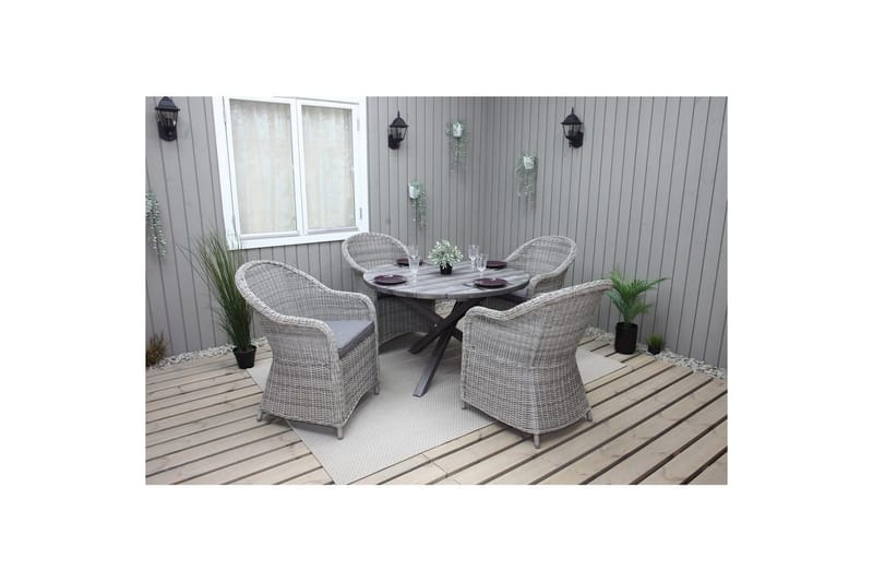 Ulkomöbeliryhmä Ø 112 cm pöytä & 4 Belize harmaat tuolit Harmaa - Harmaa - Puutarhakalusteet - Ulkoryhmä - Ruokailuryhmät ulos
