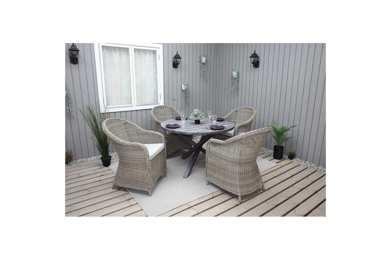 Ulkomöbeliryhmä Ø 112 cm pöytä & 4 Belize luonnonväriset tuolit Harmaa - Harmaa - Puutarhakalusteet - Ulkoryhmä - Ruokailuryhmät ulos