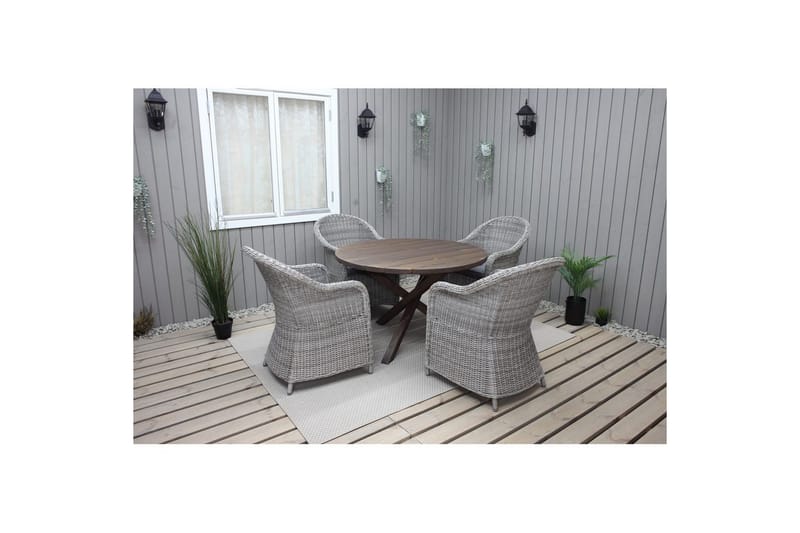 Ulkomöbeliryhmä Ø 112 cm pöytä & 4 Belize harmaat tuolit Ruskea - Ruskea - Puutarhakalusteet - Ulkoryhmä - Ruokailuryhmät ulos