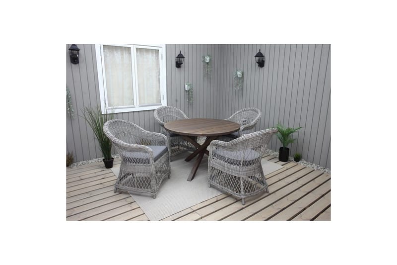 Ulkomöbeliryhmä Ø 112 cm pöytä & 4 Merida harmaat tuolit Ruskea - Ruskea - Puutarhakalusteet - Ulkoryhmä - Ruokailuryhmät ulos