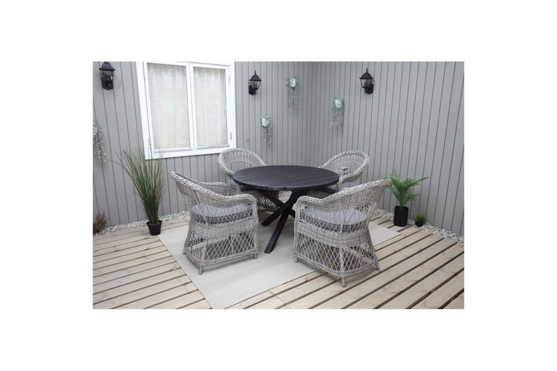 Ulkomöbeliryhmä Ø 112 cm pöytä & 4 Merida harmaat tuolit Musta - Musta - Puutarhakalusteet - Ulkoryhmä - Ruokailuryhmät ulos
