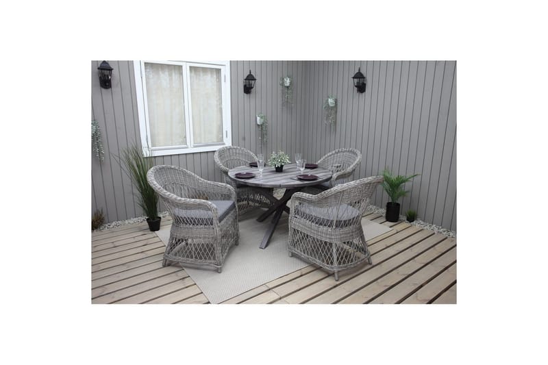 Ulkomöbeliryhmä Ø 112 cm pöytä & 4 Merida harmaat tuolit Harmaa - Harmaa - Puutarhakalusteet - Ulkoryhmä - Ruokailuryhmät ulos