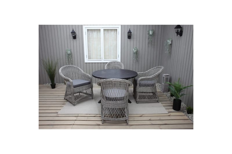 Ulkomöbeliryhmä Ø 112 cm pöytä & 4 Merida harmaat tuolit Musta - Musta - Puutarhakalusteet - Ulkoryhmä - Ruokailuryhmät ulos