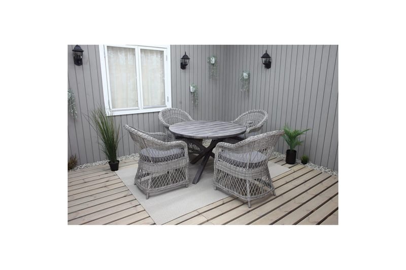 Ulkomöbeliryhmä Ø 112 cm pöytä & 4 Merida harmaat tuolit Harmaa - Harmaa - Puutarhakalusteet - Ulkoryhmä - Ruokailuryhmät ulos