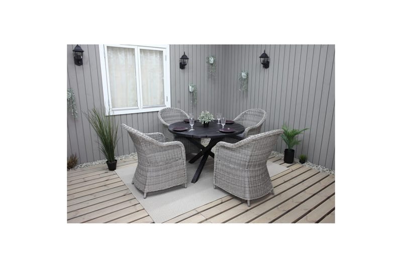 Ulkomöbeliryhmä Ø 112 cm pöytä & 4 Belize harmaat tuolit Musta - Musta - Puutarhakalusteet - Ulkoryhmä - Ruokailuryhmät ulos
