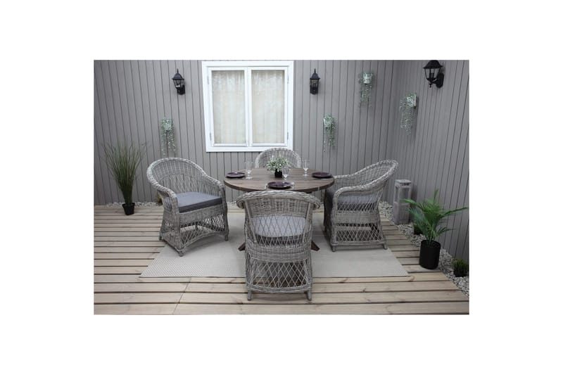 Ulkomöbeliryhmä Ø 112 cm pöytä & 4 Merida harmaat tuolit Ruskea - Ruskea - Puutarhakalusteet - Ulkoryhmä - Ruokailuryhmät ulos