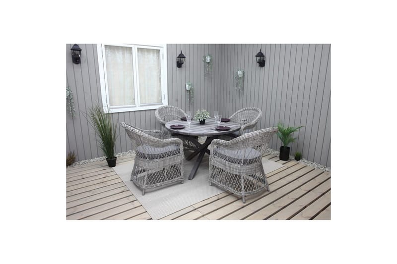 Ulkomöbeliryhmä Ø 112 cm pöytä & 4 Merida harmaat tuolit Harmaa - Harmaa - Puutarhakalusteet - Ulkoryhmä - Ruokailuryhmät ulos