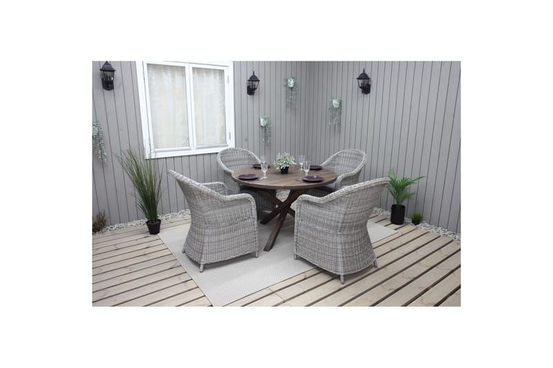Ulkomöbeliryhmä Ø 112 cm pöytä & 4 Belize harmaat tuolit Ruskea - Ruskea - Puutarhakalusteet - Ulkoryhmä - Ruokailuryhmät ulos