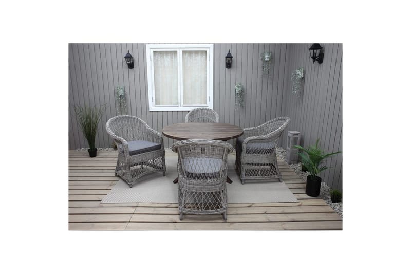 Ulkomöbeliryhmä Ø 112 cm pöytä & 4 Merida harmaat tuolit Ruskea - Ruskea - Puutarhakalusteet - Ulkoryhmä - Ruokailuryhmät ulos