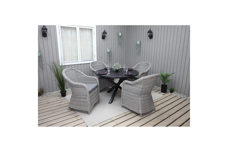 Ulkomöbeliryhmä Ø 112 cm pöytä & 4 Belize harmaat tuolit Musta - Musta - Puutarhakalusteet - Ulkoryhmä - Ruokailuryhmät ulos