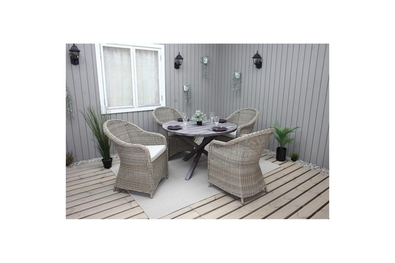 Ulkomöbeliryhmä Ø 112 cm pöytä & 4 Belize luonnonväriset tuolit Harmaa - Harmaa - Puutarhakalusteet - Ulkoryhmä - Ruokailuryhmät ulos