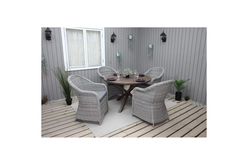 Ulkomöbeliryhmä Ø 112 cm pöytä & 4 Belize harmaat tuolit Ruskea - Ruskea - Puutarhakalusteet - Ulkoryhmä - Ruokailuryhmät ulos