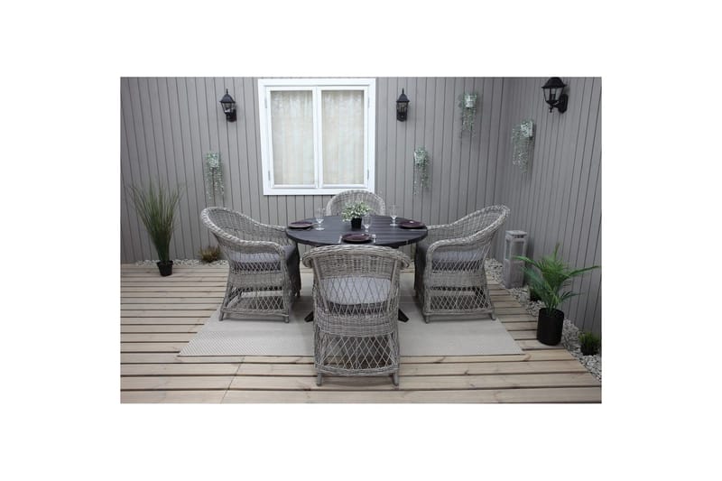 Ulkomöbeliryhmä Ø 112 cm pöytä & 4 Merida harmaat tuolit Musta - Musta - Puutarhakalusteet - Ulkoryhmä - Ruokailuryhmät ulos