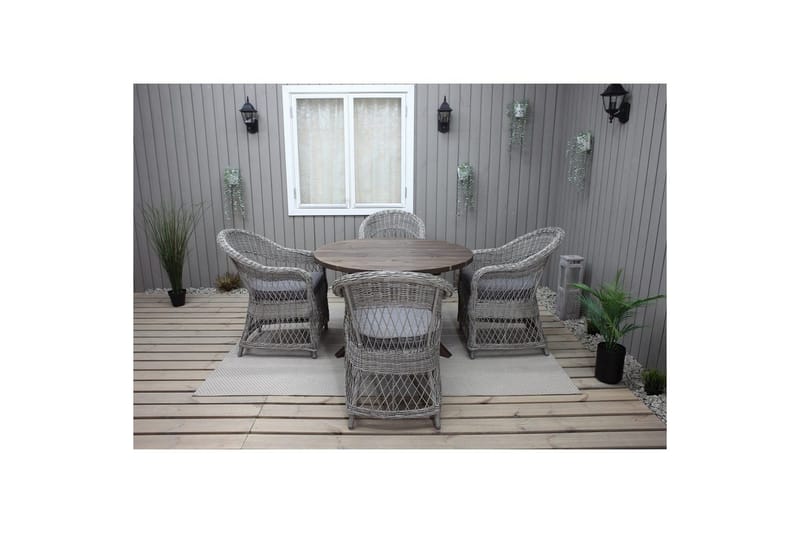 Ulkomöbeliryhmä Ø 112 cm pöytä & 4 Merida harmaat tuolit Ruskea - Ruskea - Puutarhakalusteet - Ulkoryhmä - Ruokailuryhmät ulos