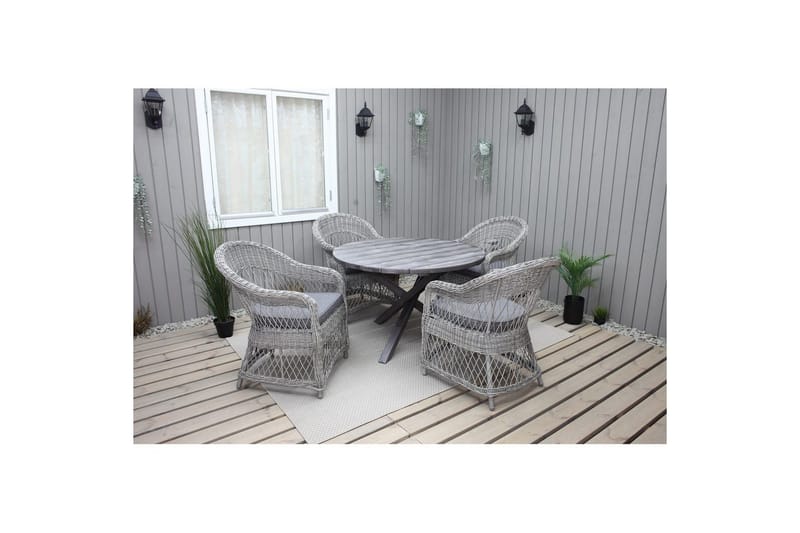 Ulkomöbeliryhmä Ø 112 cm pöytä & 4 Merida harmaat tuolit Harmaa - Harmaa - Puutarhakalusteet - Ulkoryhmä - Ruokailuryhmät ulos