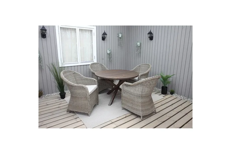 Ulkomöbeliryhmä Ø 112 cm pöytä & 4 Belize luonnonväriset tuolit Ruskea, Ruskea