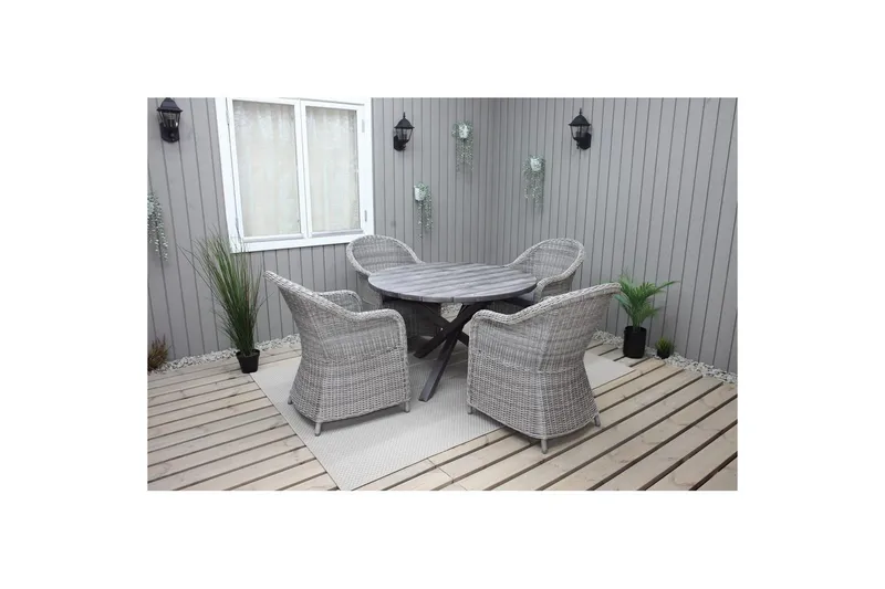 Ulkomöbeliryhmä Ø 112 cm pöytä & 4 Belize harmaat tuolit Harmaa - Harmaa - Puutarhakalusteet - Ulkoryhmä - Ruokailuryhmät ulos