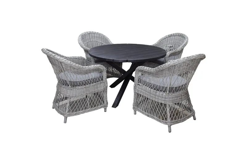 Ulkomöbeliryhmä Ø 112 cm pöytä & 4 Merida harmaat tuolit Musta - Musta - Puutarhakalusteet - Ulkoryhmä - Ruokailuryhmät ulos
