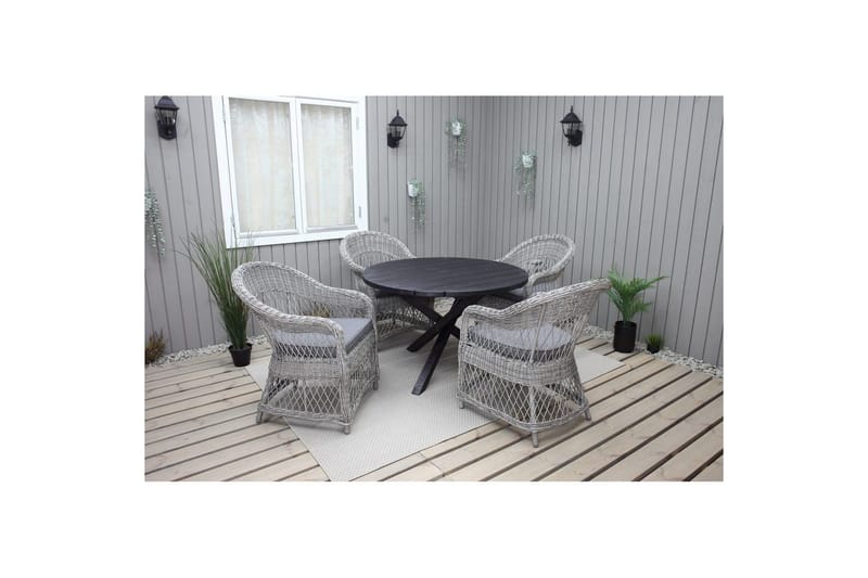 Ulkomöbeliryhmä Ø 112 cm pöytä & 4 Merida harmaat tuolit Musta - Musta - Puutarhakalusteet - Ulkoryhmä - Ruokailuryhmät ulos