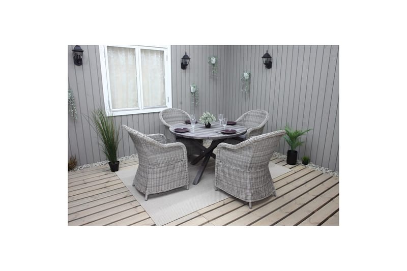 Ulkomöbeliryhmä Ø 112 cm pöytä & 4 Belize harmaat tuolit Harmaa - Harmaa - Puutarhakalusteet - Ulkoryhmä - Ruokailuryhmät ulos