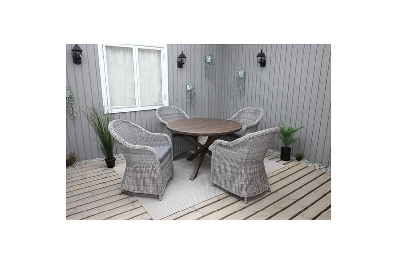 Ulkomöbeliryhmä Ø 112 cm pöytä & 4 Belize harmaat tuolit Ruskea - Ruskea - Puutarhakalusteet - Ulkoryhmä - Ruokailuryhmät ulos
