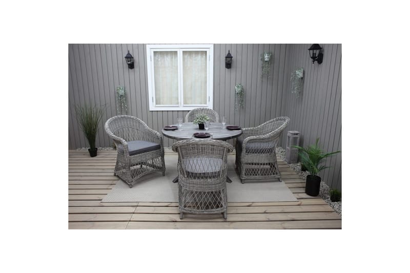 Ulkomöbeliryhmä Ø 112 cm pöytä & 4 Merida harmaat tuolit Harmaa - Harmaa - Puutarhakalusteet - Ulkoryhmä - Ruokailuryhmät ulos